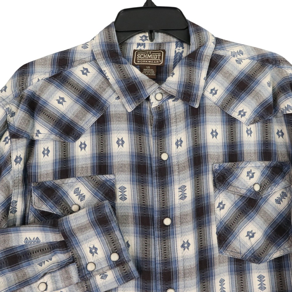 CE Schmidt Western Snap Shirt Mens L Plaid Workwear Ranch Cowboy Cotton Blue